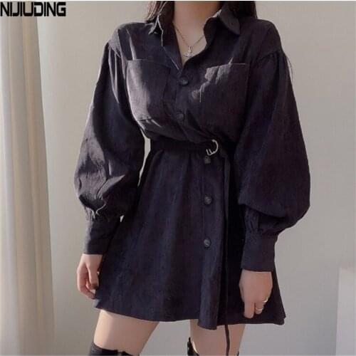 Retro Single-breasted Corduroy Loose Women Mini Dresses Spring Long Sleeve Turn Down Collar Sexy Short Dress With Belt Pocket