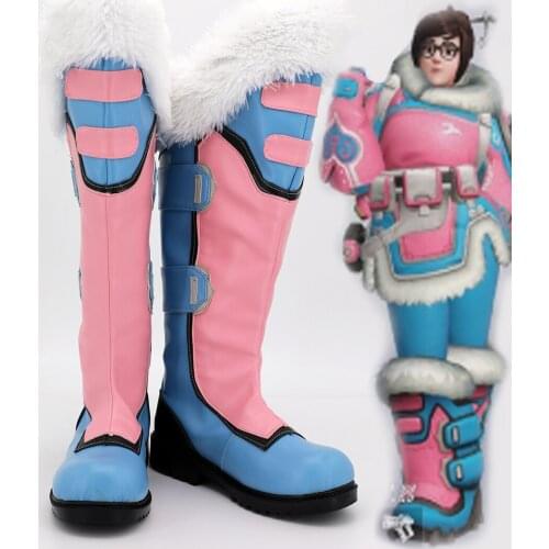 OW Mei Pink Boots Cosplay Game OW Mei Cosplay Shoes Pink Blue Boots Custom Made Any Size
