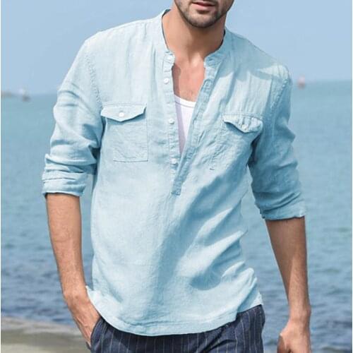 Men Clothes 2019 Button Cotton Linen Long Sleeve Shirts Casual Holiday Street Slim Fit Tops Four Color Mens Sexy V Neck Shirts