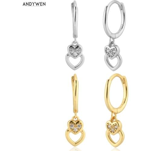 ANDYWEN 200 New 925 Sterling Silver Gold Heart Drop Earring Pendiente Luxury Women Clips Piercing Fashion Wedding Party Jewels