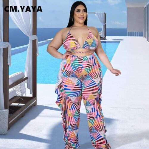 CM.YAYA Women Set Plus Size XL-4XL Halter Bandage Super-short Tops Elastic Ruffles Long Wide Leg Pants 2 Piece Set Sexy Outfits