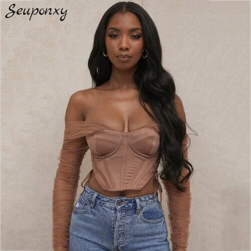 High-Quality Fashion WomenS Mesh Draped Patchwork Hollow Short Top 2021 Summer Sexy Off-Shoulder Side Cross Lace-Up Party Top