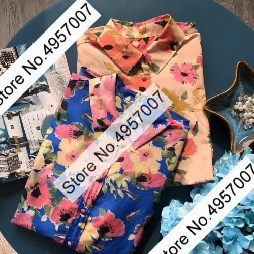Women Vintage Style Floral Printed Silk Cotton Long Sleeve Blouse Shirt Top