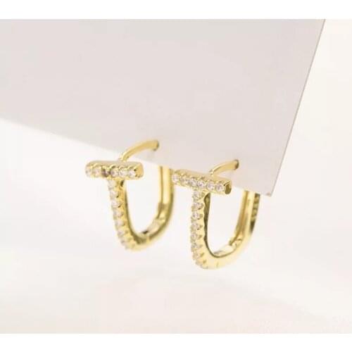 New 925 sterling silver earring fashion zircon T-shaped geometric ear ring hoop wild temperament trend female silver ear jewelry