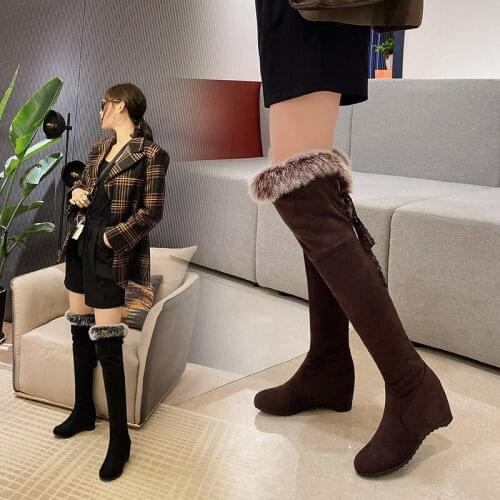 YMECHIC Sweet Thigh High Botas 2021 Winter Fur Leep Warm Over The Knee Boots Womens Slip-on Back Cross-tied Femail Shoes Brown