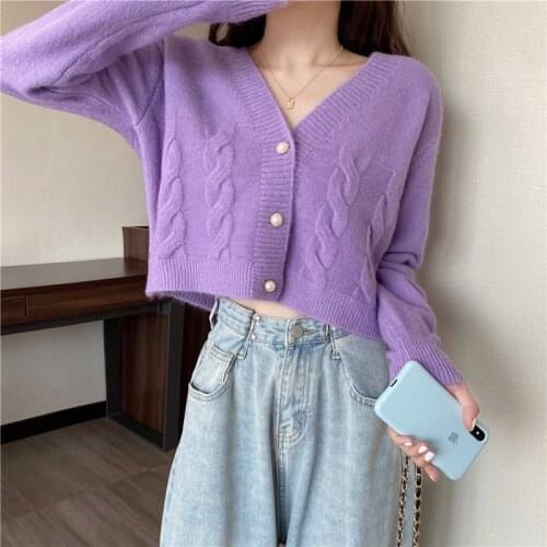 Women New Autumn Fashion Twist Long-sleeved Loose Sweater Purple v-neck Chic Short Sweater Cardigan Single Breast Knitwear Tops