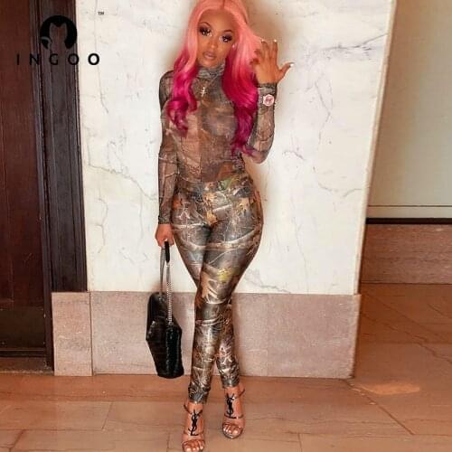 INGOO Mesh Sexy Print See Through Bodysuit Women Long Sleeve Skinny Rompers And Legging Pant Casual Suit Y2k Fashion Streetwear