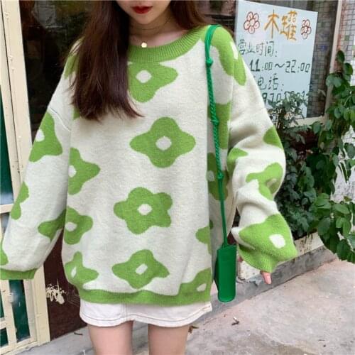 Flower Knitted Sweater Women Green Oversized Pullovers Sweater Winter Clothes Loose Long Sweaters Streetwear Sueter Mujer