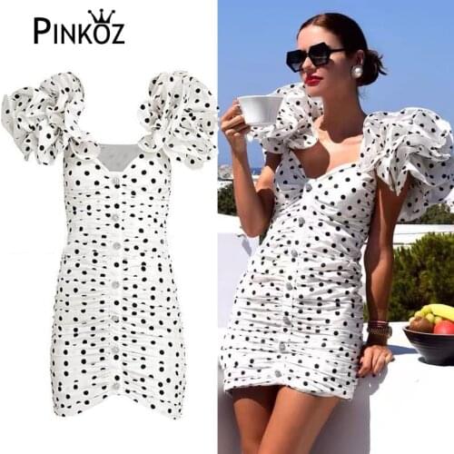 Pinkoz celebrity runway designer style polka dot slim bodycon crystal buttons ruffles luxury INS mini dress sexy women party new