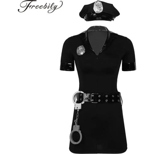 Halloween Womens Cop Police Officer Cosplay Fancy Dress Sexy Policewomen Uniform Outfit Mini Dress + Hat +Badge + Belt + Cuffs