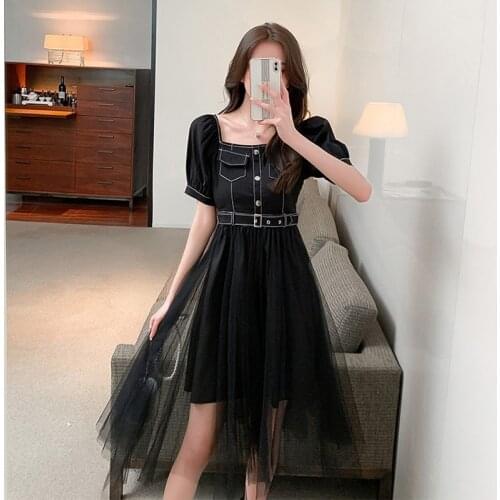 LLZACOOSH New Summer Fashion Women Mesh Patchwork Short Sleeve Sqaure Collar Vintage Elegant Slim Asymmetry Party Dress