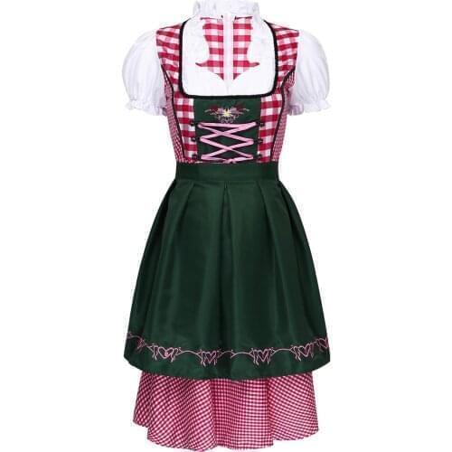 Womens German Dirndl Dress Costumes Falbala Puff Sleeve Plaid Dress with Apron for Oktoberfest Carnival Beer Festival Role Play