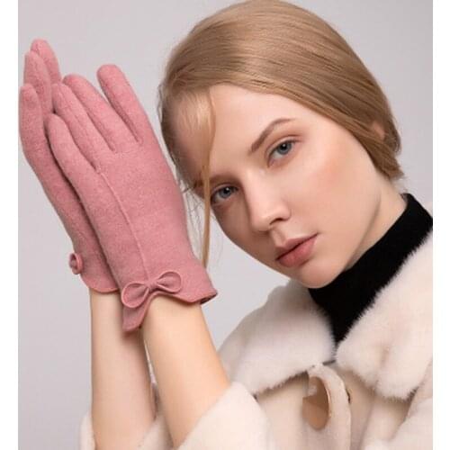 Winter Female Touch Screen Gloves Women Warm Cashmere Full Finger Leather Bow Gloves Wool Knit Embroidery Driving gloves E38