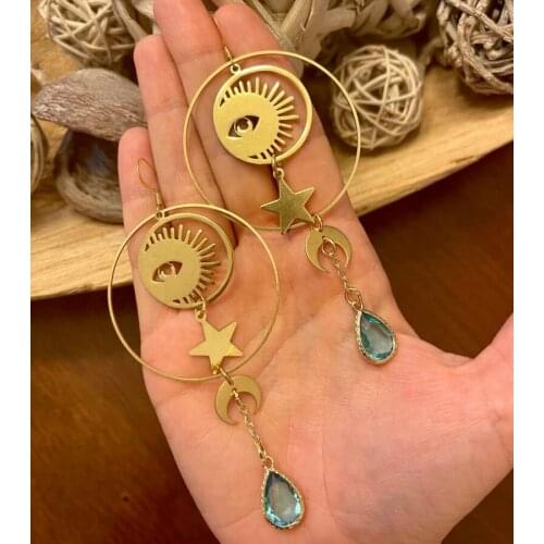 Gold Brass Hoop Dangle Earrings w/ Star, Crescent Moon, Third Eye Sun & Blue Teardrop Charms