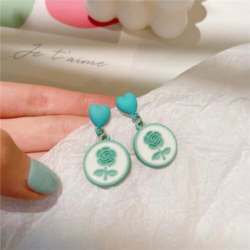AOMU S925 Summer Cute Green Acrylic Love Flower Round Earrings Retro Simple Irregular Geometric Drop Earrings for Women Jewelry