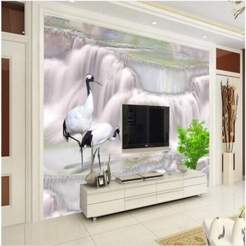 Beibehang Custom wallpaper non - woven marble waterfalls Crane landscape background wallpaper environmental wallpaper