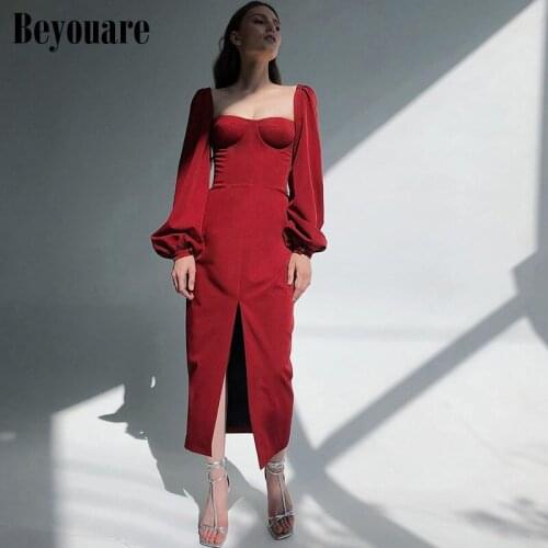 Beyouare Sexy Square Collar Lantern Long Sleeve Split Open Fork Knee Length Women Dress Autumn 2020 Skinny Fashion Party Dresses