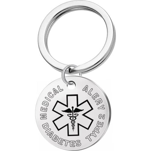 Stainless Steel Engraved "Diabetes Type 2" Medical Alert ID Pendant Necklace/Keychain for Men Women
