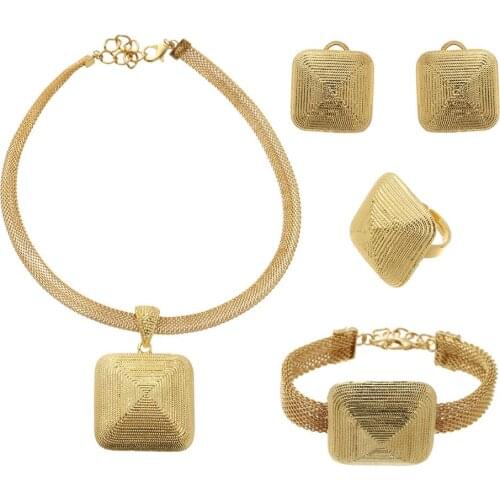 Dubai Gold 24K Jewelry Set for Women African Bridal Wedding Gift Party Necklace Square Earrings Ring Bracelet Jewellery Set