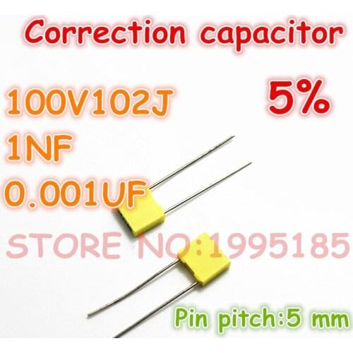 100pcs/lot correction Capacitor 100V102J 1NF 0.001UF 5% Metallized polyester film capacitor Pin pitch 5 mm