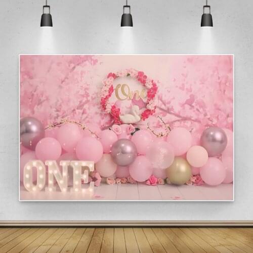 Laeacco Pink Flower Wall Baby Princess 1st Birthday Party Photography Backdrop Balloons Wood Floor Photo Background Photo Studio