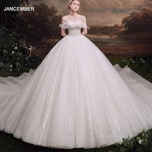 LDR94 Bridal Gown Luxurious Heavy Beaded Sexy Deep-shoulder Sleeves Off-shoulder Long Train Lace Wedding Dress Mor Gelinlik