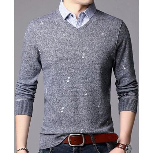 Mens Sweaters Pullovers Shirt Collar Fake Two-piece Sweater Casual Warm Fleece Long Sleeve Male Knittwear Tops Jumpers MZL056
