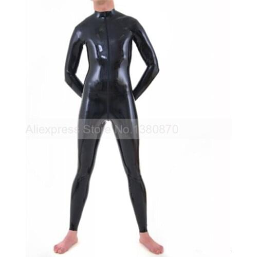 Solid Black Latex Mans Bodysuit Catsuit with Front Zip S-LCM065