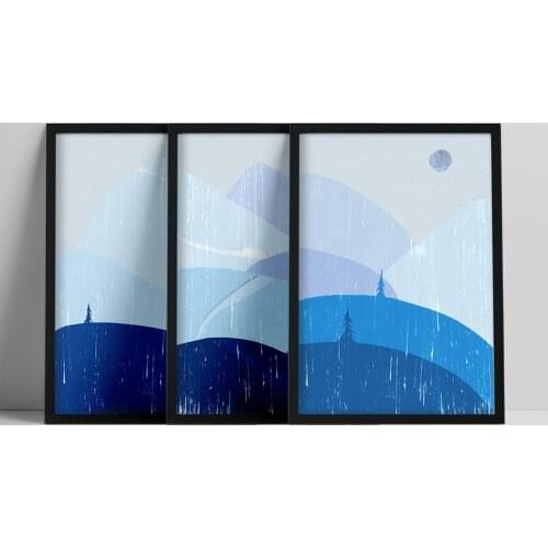 Set of 3 Winter Prints, Blue Mountains, Abstract Blue Landscape Print, Blue Winter, Contemporary Collage, Large Wall Art, Minima