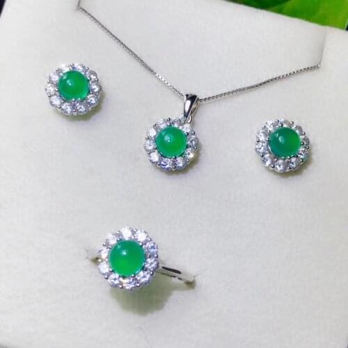 Classic green chalcedony gemstone ring earrings and necklace jewelry set round natural gem real 925 silver stud earrings gift