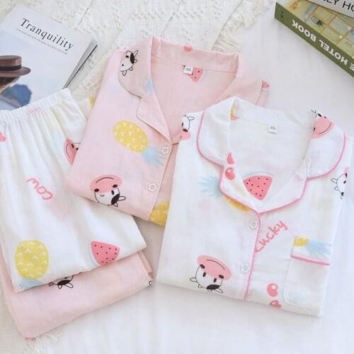 2021 Cute Cartoon 100% Cotton Sleepwear Women Spring Summer Long Sleeve Loungewear Home Suit Female Homewear Pajamas Two Piece