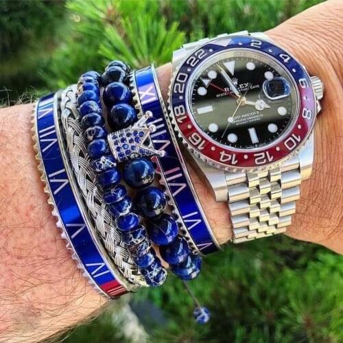 New Hot 3pcs/Set Men Women Charm Bracelet Natural Blue Stripe Stone Braid Micro Cubic Zircon Crown For Male Accessories Jewelry