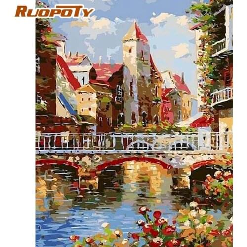 RUOPOTY 60x75cm Frameless Bridge Painting By Numbers Landscape On Canvas Pictures By Numbers DIY Minimalism Style Home Decoratio