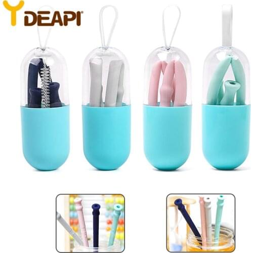 Collapsible Silicone Straw Reusable Folding Drinking Straw Set With Carrying Cases And Cleaning Brush Portable Straw Lid Drinks