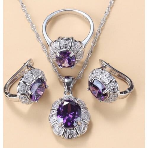 Bridal Jewelry Sets 925 Sterling Silver Purple Natural Stone Crystal Clip Earrings And Necklace Ring Wedding Accessories