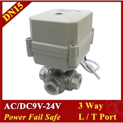 Tsai Fan 3 Way T Port L Port DN15 1/2" Power Off Safe Motorized Ball Valve AC/DC9-24V 2/5 Wires Actuated Ball Valve