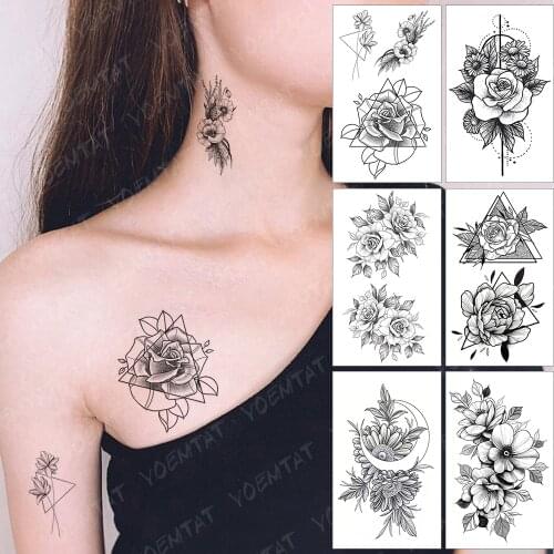 Waterproof Temporary Tattoo Sticker Neck Shoulder Triangle Geometric Flower Line Flash Tatoo Fake Tatto For Body Art Women Men