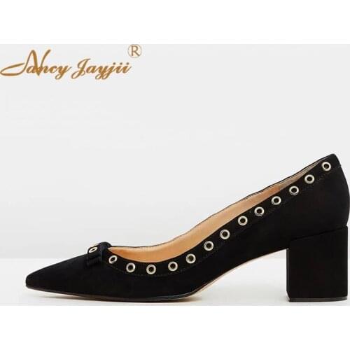 Woman Shoes Lady Pumps Solid Flock Black Basic Butterfly-knot High Square Heels Slip-On Pointed Toe Fashion Metal Decoration