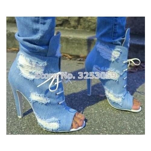 Women Sky Blue Luxurious Denim High Heel Booties Retro Style Ripped Jeans Ankle Sandal Boots Lace-up Cut-out Motorcycle Boots