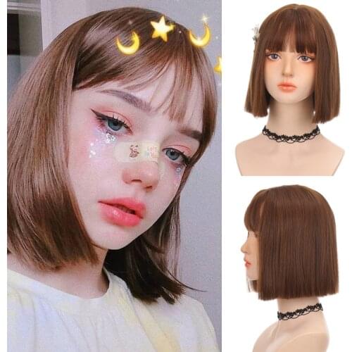 LANLAN Short Bob Wig With Bangs for Women Synthetic Bob Wigs Black Pink Purple Wig for Lolita Cosplay Party Daily Use