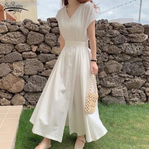 Summer Elegant Solid Loose Short Sleeve Dresses for Women Casual Botton Loose Long Dress Korea Chic Women Dress Vestidos 14025