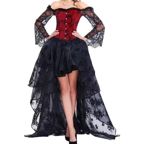 Steampunk Corset Dress Bustier Gothic Corselet Sexy Black Red Corset Clothing Women Lace Off Shoulder Floral Party Long Dresses