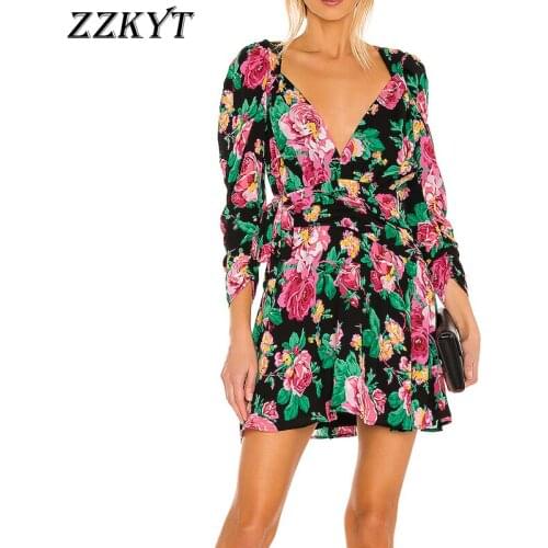 ZZKYT 2021 Women Summer Vintage Sexy Floral Print Mini Dress Fashion V-Neck Three Quarter Backless Female Party Dresses Vestidos