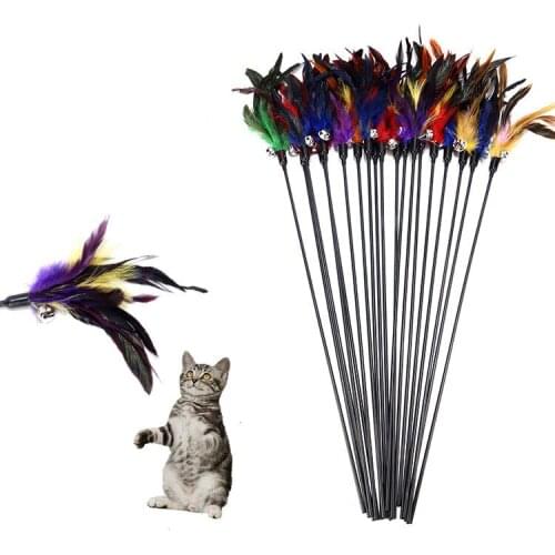 1pcs Pet Cat Teaser Toy Feather Rod with sound Bells Cat stick Colorful Feathers Teaser stick Toy Cat Rods Pet Interactive Toys