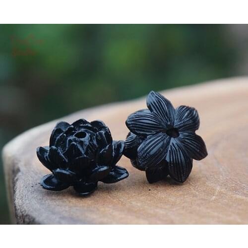 2pcs Natural Black Sandalwood Ebony Carved Lotus Flower Tiny Charms Mala Beads Japa Bracelet Jewellry Findings DIY Accessories