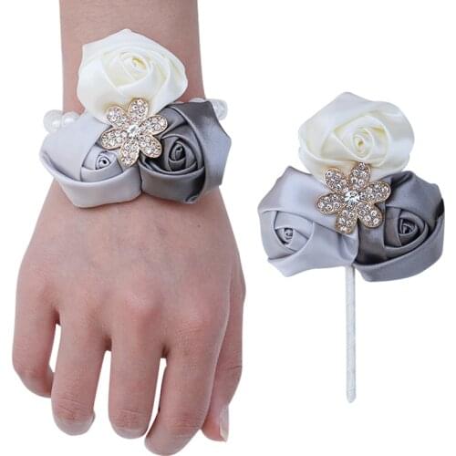 2021 New Color Matching GroomSuit Lapel Pin Bride Wrist Corsage Suit Satin Rose Rhinestone Handmade Wedding Supplies T036-H
