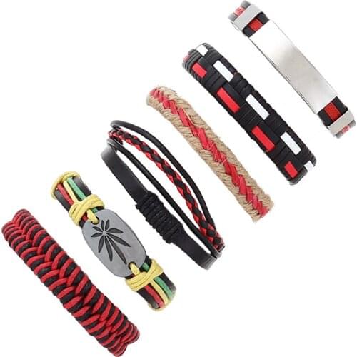6pcs/set hippie punk red black Leather flat thick band tag maple leaf charm cord macrame Layers stackable Bracelet Set for man