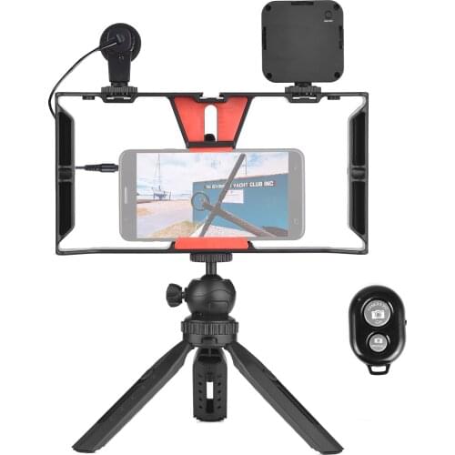 Photography Smartphone Video Rig camera Cage Phone holder 3 Cold Shoe Mounts+Rechargeable LED Light+Mic+Tripod+Remote Shutter