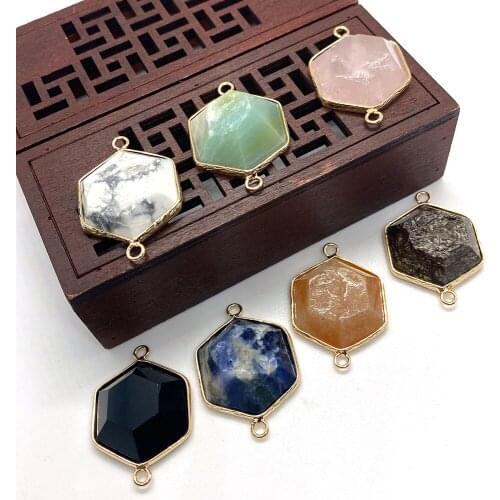 Natural Stone Double Ring Pendant Connector Faceted White Turquoise Black Agate Pendant DIY Jewelry Making Necklace Accessories