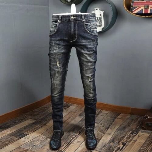 Italian Vintage Fashion Men Jeans Retro Black Blue Elastic Cotton Slim Fit Ripped Jeans Men Spliced Designer Denim Punk Pants